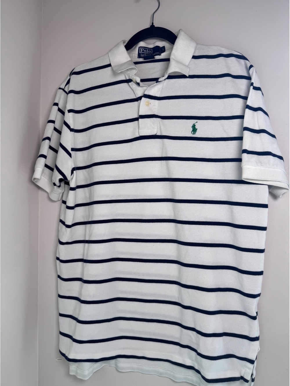 Ralph Lauren Men's White and Navy Striped Polo Shirt Size Large